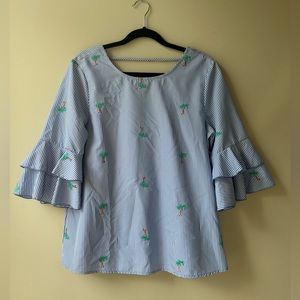 Blue & white striped butterfly sleeve shirt with embroidered palm trees, medium